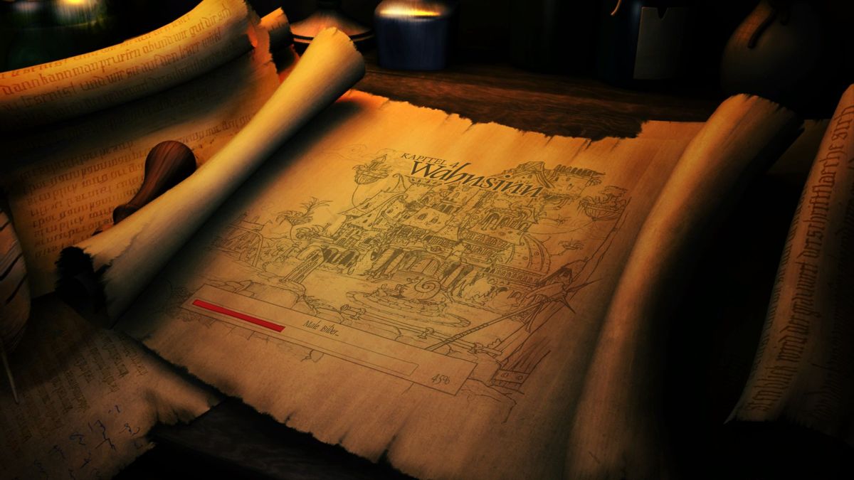 The Book of Unwritten Tales: The Critter Chronicles (Windows) screenshot: The chapter loading screen shows a scroll with a representative drawing. It features amusingly twisted status reports on the progress bar.