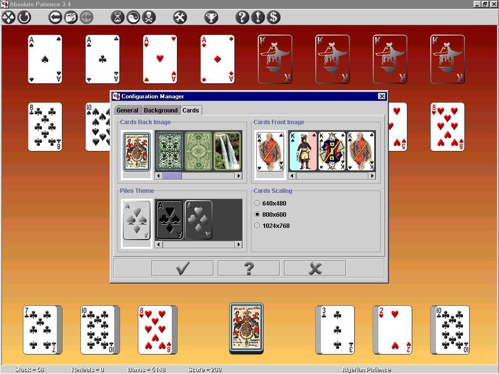 Absolute Patience (Windows) screenshot: The game background has been changed. This screen shows the available card faces and sizes. v3.4