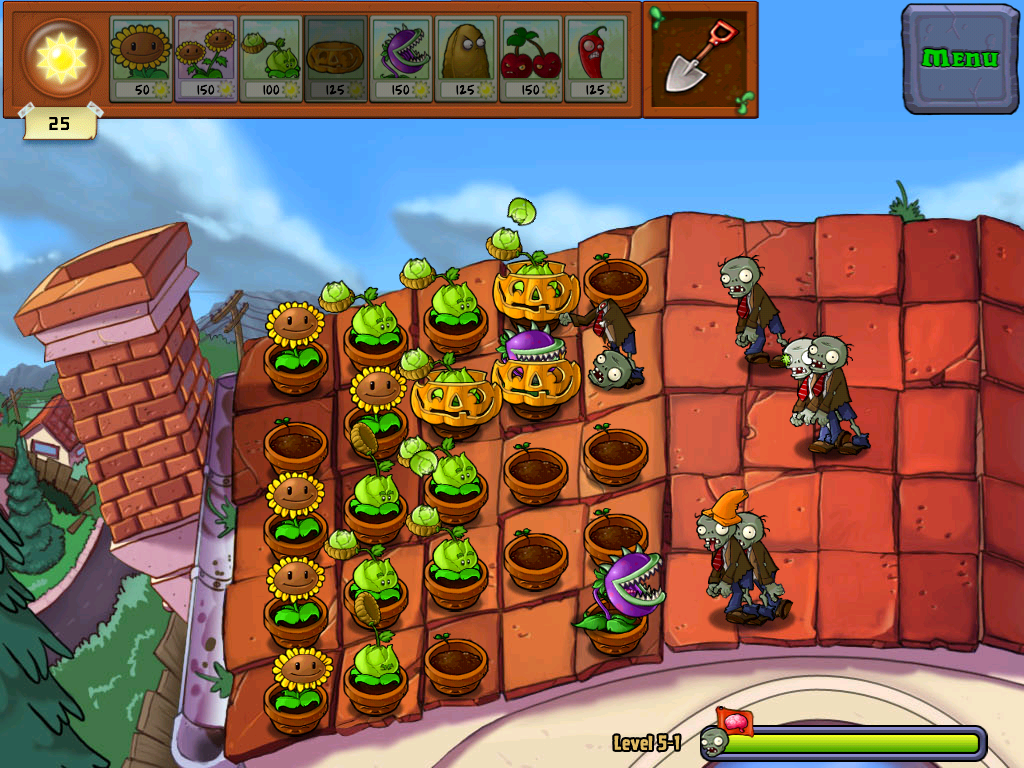 Plants vs. Zombies (iPad) screenshot: The zombies attack on the roof too