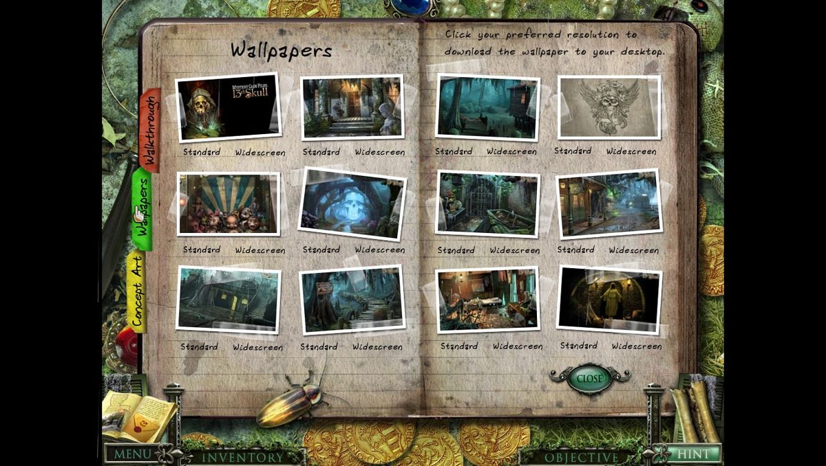 Mystery Case Files: 13th Skull (Collector's Edition) (Macintosh) screenshot: Collector's Edition has several additional features - concept art, wallpapers, walkthroughs...