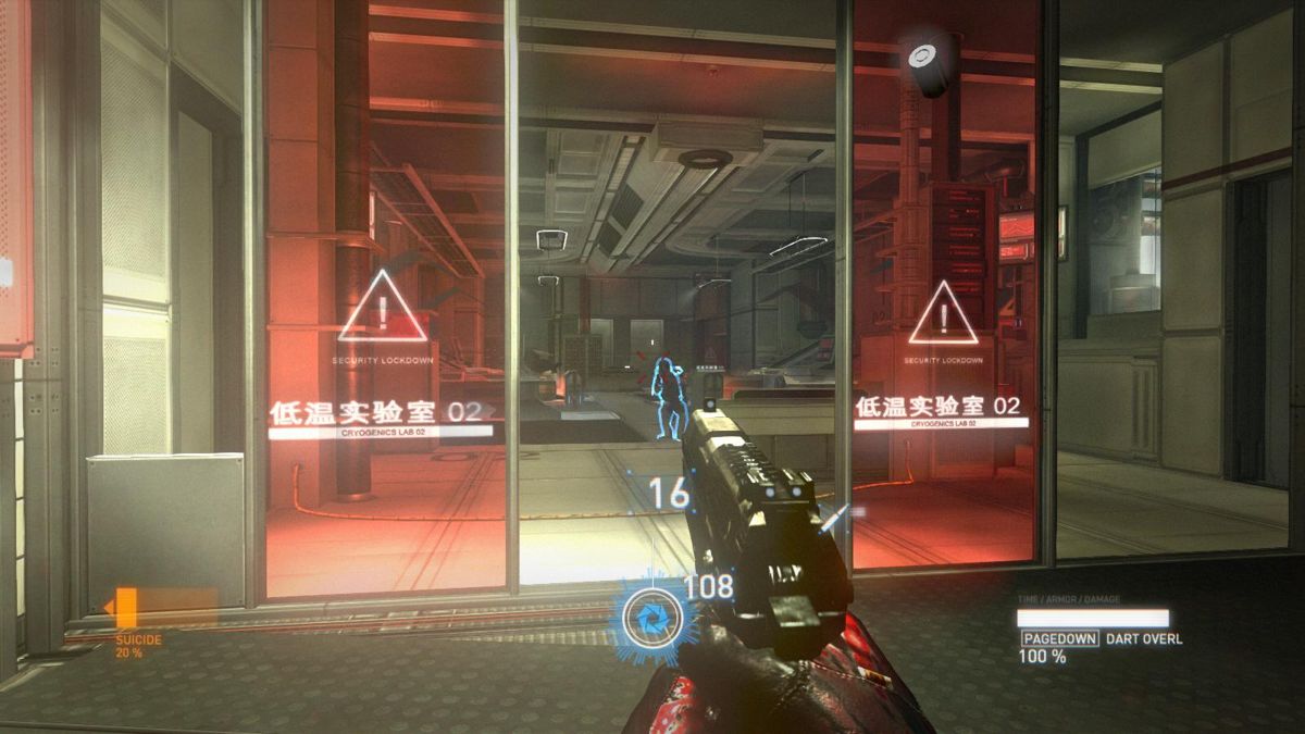 Syndicate (Windows) screenshot: When the enemy is outlined in blue it means they are dead.