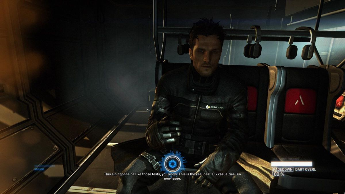 Syndicate (Windows) screenshot: Inside the transport chopper, agent Merit is briefing the player character of what lies ahead.