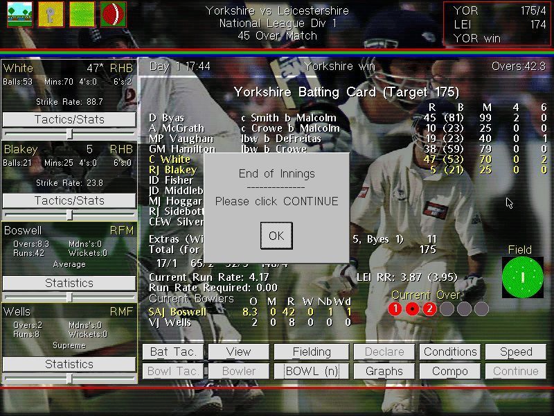 Michael Vaughan's Championship Cricket Manager (Windows) screenshot: It's not very exciting for all the effort but this is what good looks like in the cricketing world.