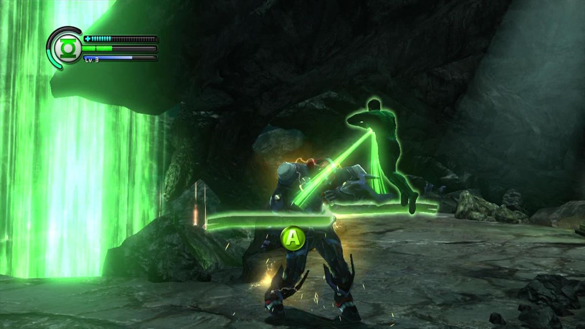 Green Lantern: Rise of the Manhunters (Xbox 360) screenshot: Disable bigger enemies using QTE and button smashing techniques
