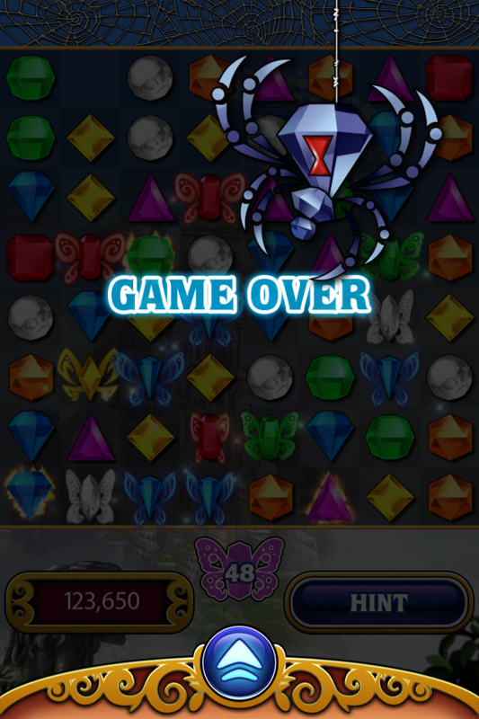 Bejeweled: Classic (iPhone) screenshot: Game over. The spider got your butterfly.