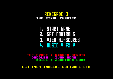 Renegade III: The Final Chapter (Amstrad CPC) screenshot: Title screen, main menu and credits.