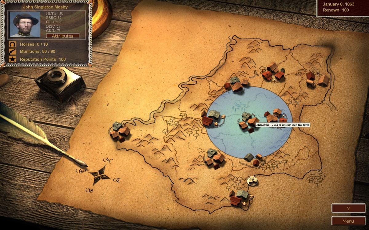 Mosby's Confederacy (Windows) screenshot: From the Map Screen you can check out the what troops and missions are available.