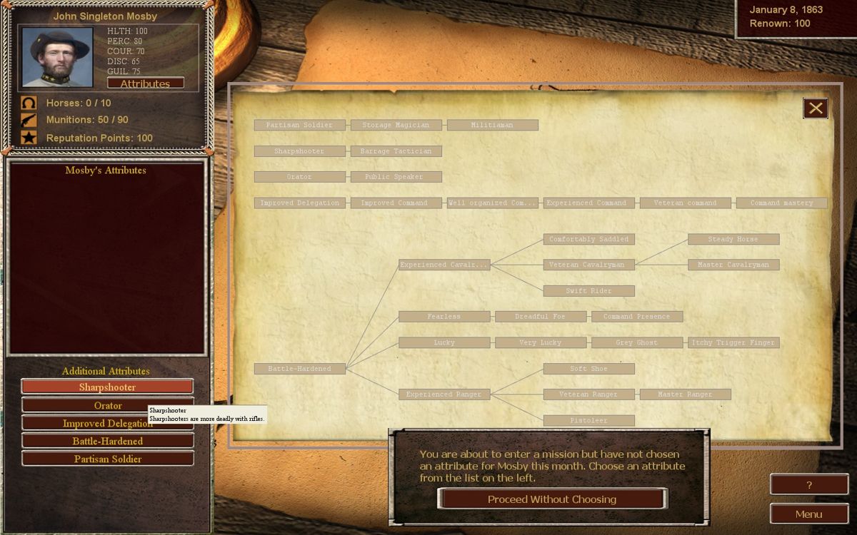 Mosby's Confederacy (Windows) screenshot: When soldiers gain enough experience you can then give them perks. Here is Mosby's tech tree.