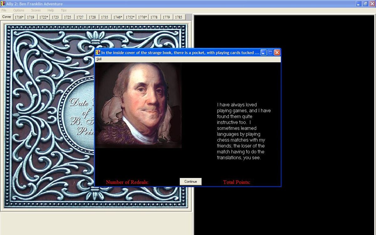 Ally 2: Ben Franklin Adventure (Windows) screenshot: This screenshot shows the cover of Benjamin's book and Benjamin introducing the card game