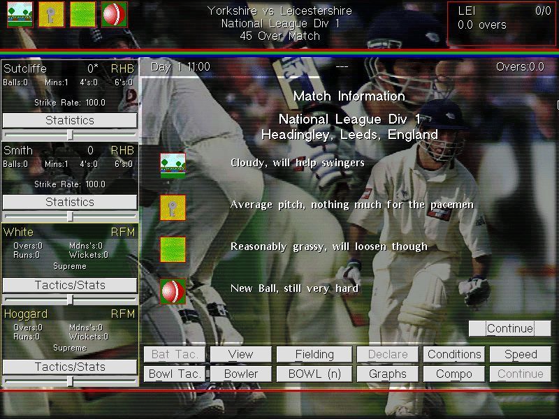 Michael Vaughan's Championship Cricket Manager (Windows) screenshot: This is the match management screen where tactics are decided and players are selected