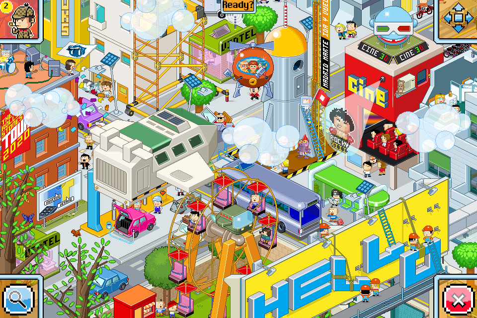 Time Geeks: Find All! (iPhone) screenshot: Overlooking a futuristic city while zoomed out all the way.