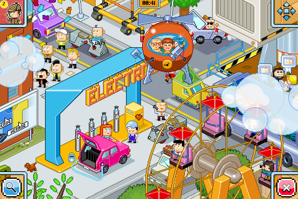 Time Geeks: Find All! (iPhone) screenshot: Zoomed up view of the same area. Hot bikini babes washing your car at the gas station is commonplace in the future, just so you know!
