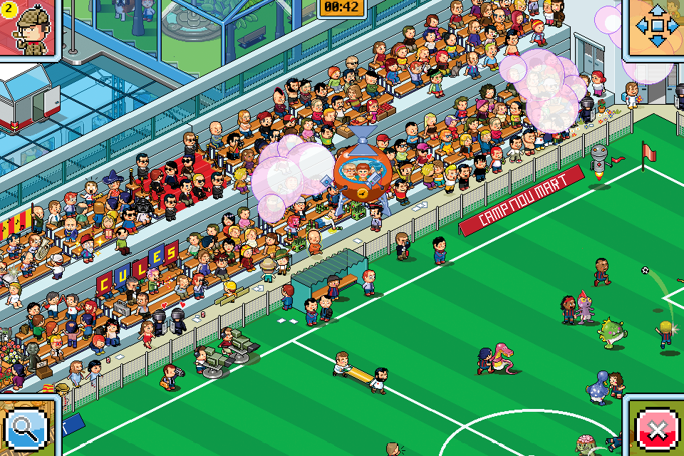 Time Geeks: Find All! (iPhone) screenshot: A futuristic soccer game with aliens.