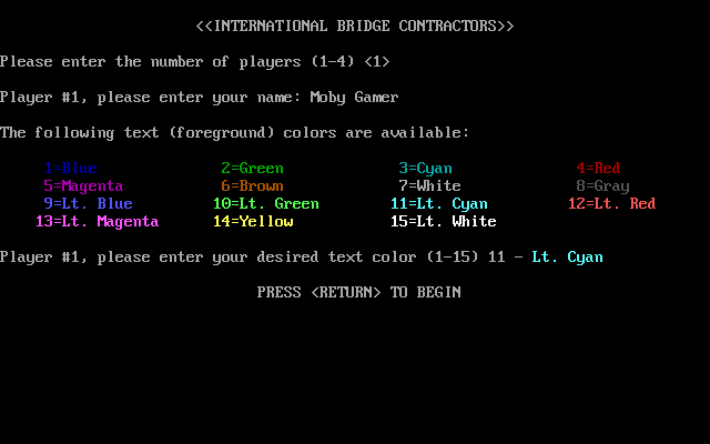 International Bridge Contractors (DOS) screenshot: Choosing a name, customizing display