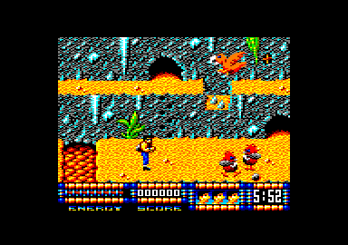 Renegade III: The Final Chapter (Amstrad CPC) screenshot: My first enemies, cavemen. That pterodactyl drops an egg that becomes a mini-dinosaur.
