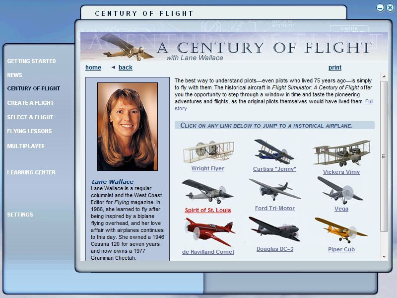 Microsoft Flight Simulator 2004: A Century of Flight (Windows) screenshot: The simulation is tagged 'A Century of Flight'. This is the section where the player can access the key planes of that century. Here the 'Spirit of St Loius' is targetted for selection