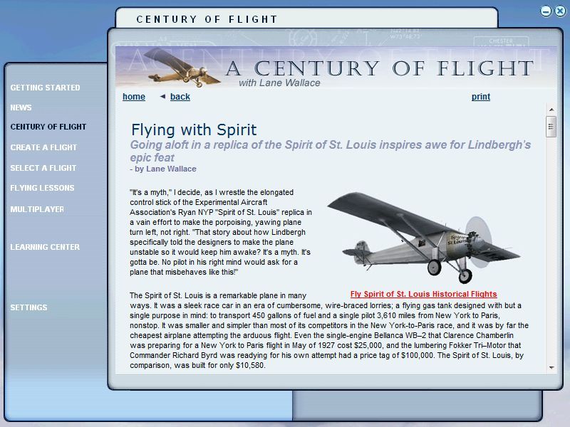 Microsoft Flight Simulator 2004: A Century of Flight (Windows) screenshot: Opening up the 'Spirit of St Louis' from the 'Century of Flight' menu brings up the story of Charles Lindberg's epic flight. From here the player can follow a link to the recreation of the flight.