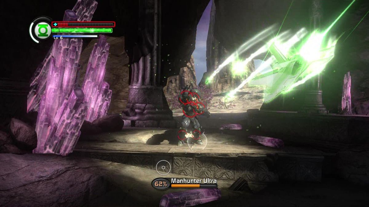 Green Lantern: Rise of the Manhunters (Xbox 360) screenshot: If you active surge mode during a flying sequence, you will become a jet.