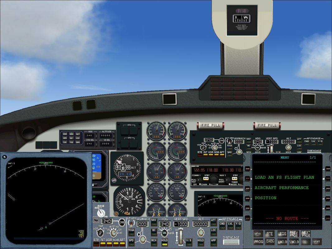 Aircraft: Collector's Edition (Windows) screenshot: The Beechcraft 1900D cockpit in 2D mode. This instrument panel has icons to access alternate panels. Here the ABACUS Flight Management System is displayed