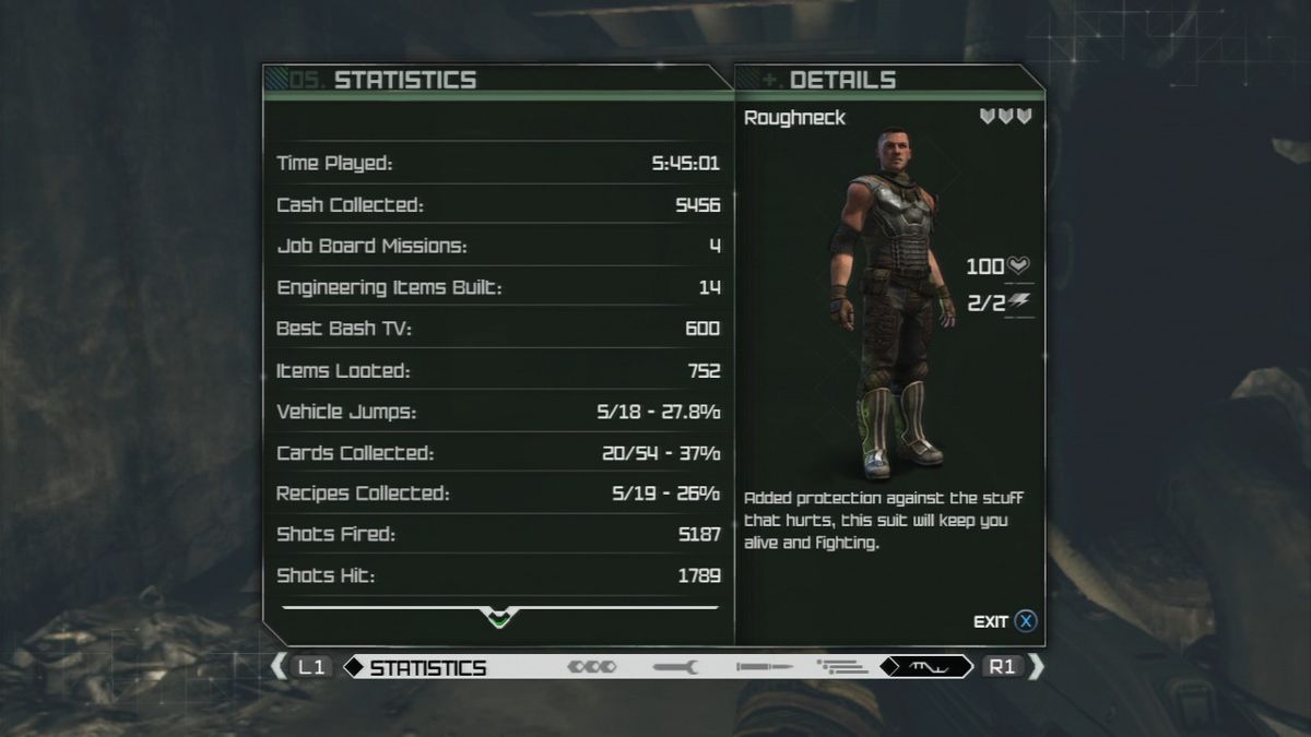 Rage (PlayStation 3) screenshot: Checking your character's stats.