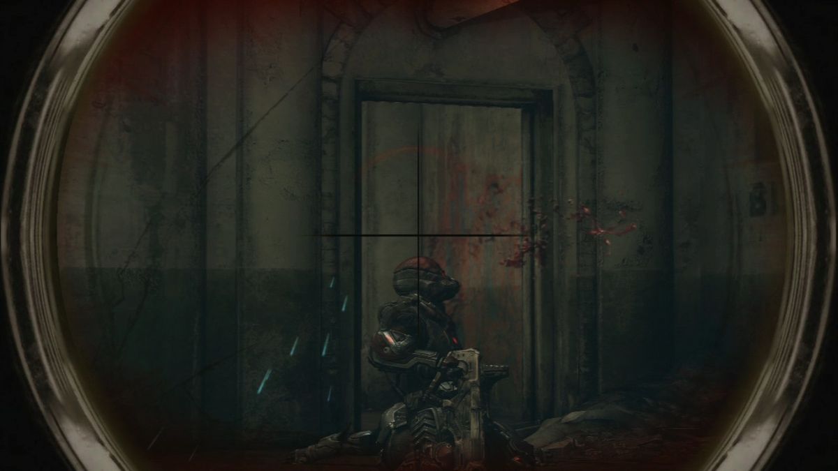 Rage (PlayStation 3) screenshot: Head shot, but due to his armor he won't go down that easily.