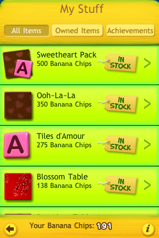 Bananagrams (iPhone) screenshot: My Stuff Inventory screen