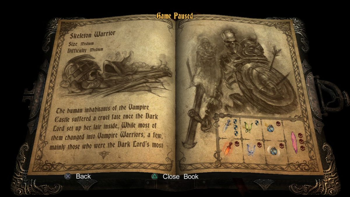 Castlevania: Lords of Shadow (PlayStation 3) screenshot: Check your book to find out more about characters and monsters you have encountered.