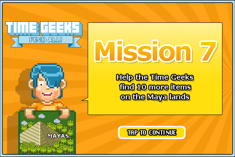 Time Geeks: Find All! (iPhone) screenshot: Mission 7 intro.