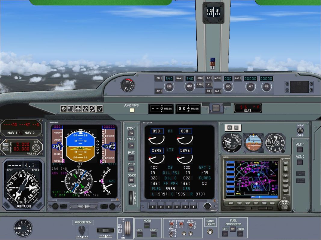 Aircraft: Collector's Edition (Windows) screenshot: The Raytheon Premier 1 cockpit in 2D mode. This cockpit does not have an icon or a menu bar option to zoom in on the Flight Management Computer.