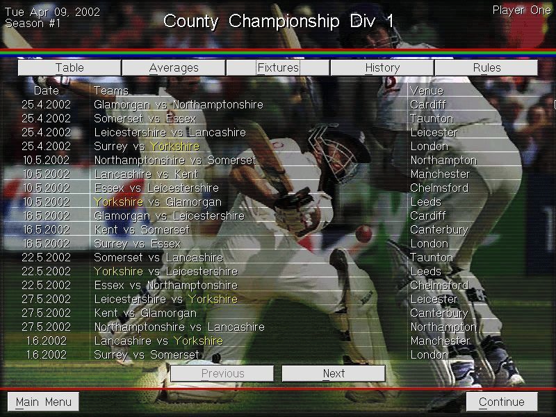 Michael Vaughan's Championship Cricket Manager (Windows) screenshot: From the main menu the Leagues tab can be used to view every match in all divisions