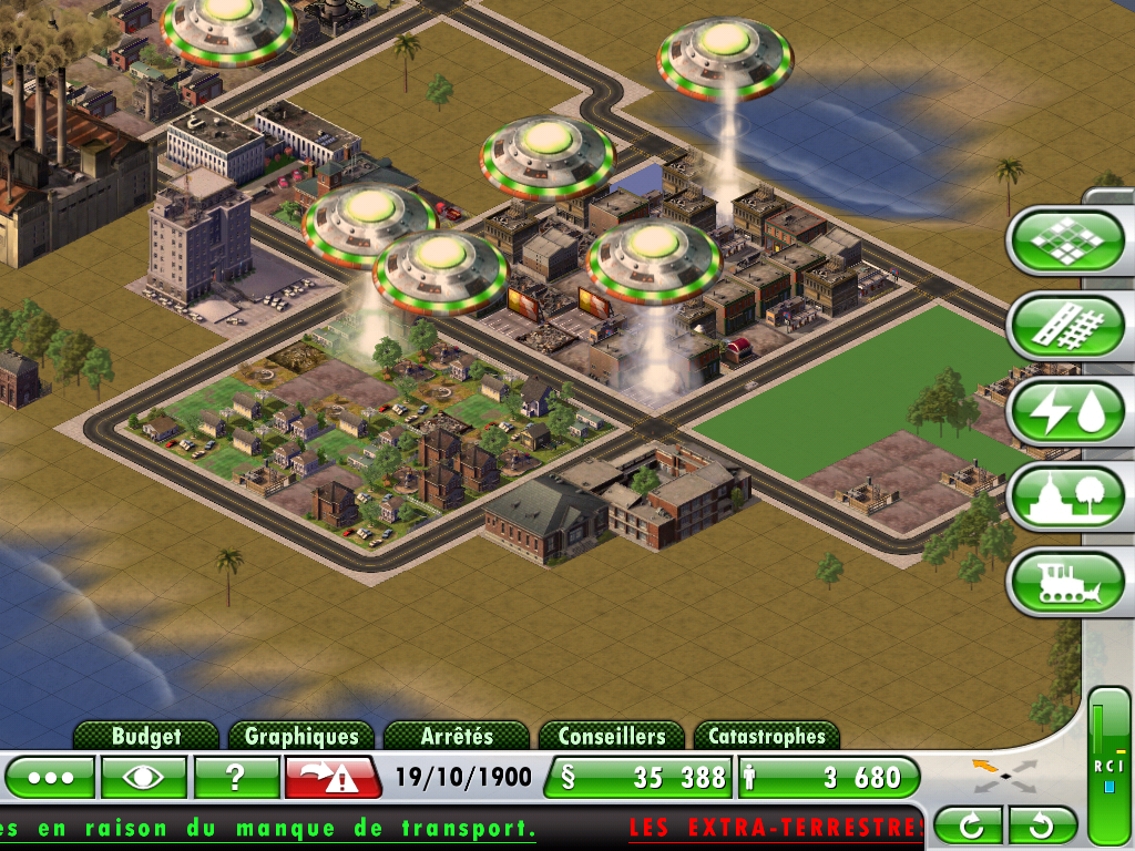 SimCity Deluxe (iPad) screenshot: As in previous SimCity games, strange things can happen, such as this UFO attack.
