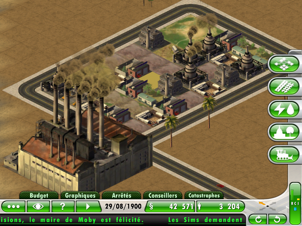 SimCity Deluxe (iPad) screenshot: The industrial area is not the cleanest part of the city.