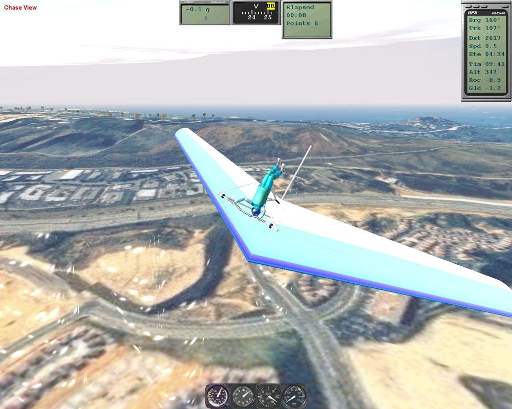 Hangsim (Windows) screenshot: The Storm hang glider in flight. Don't try this at home folks!!