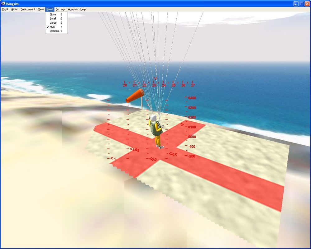 Hangsim (Windows) screenshot: The 'Spider' paraglider at point of launch with the instrumentation switched to a HUD view