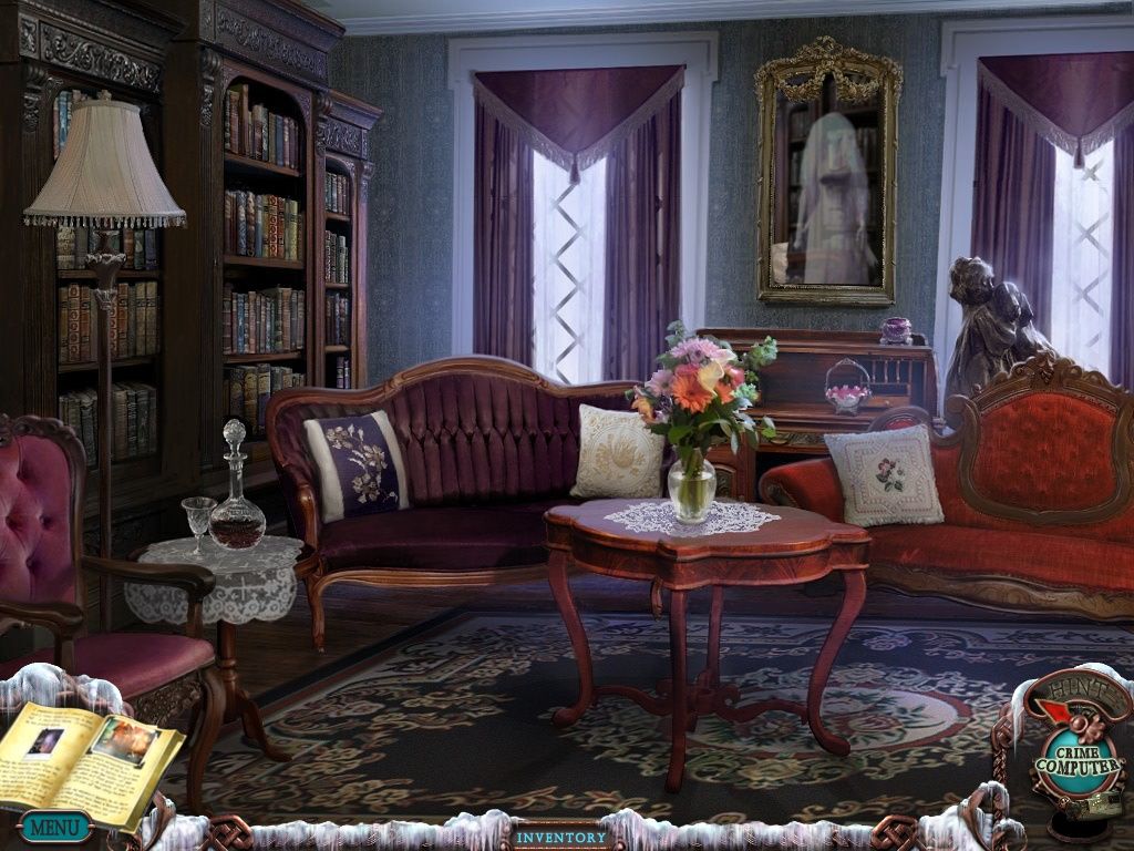 Mystery Case Files: Dire Grove (Collector's Edition) (iPad) screenshot: Library - again a sudden flash of a ghostly image in the mirror then it vanishes