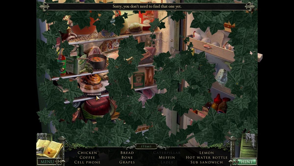 Mystery Case Files: 13th Skull (Collector's Edition) (Macintosh) screenshot: Kitchen Fridge - objects (too many wrong clicks on objects the screen grows over with vines)