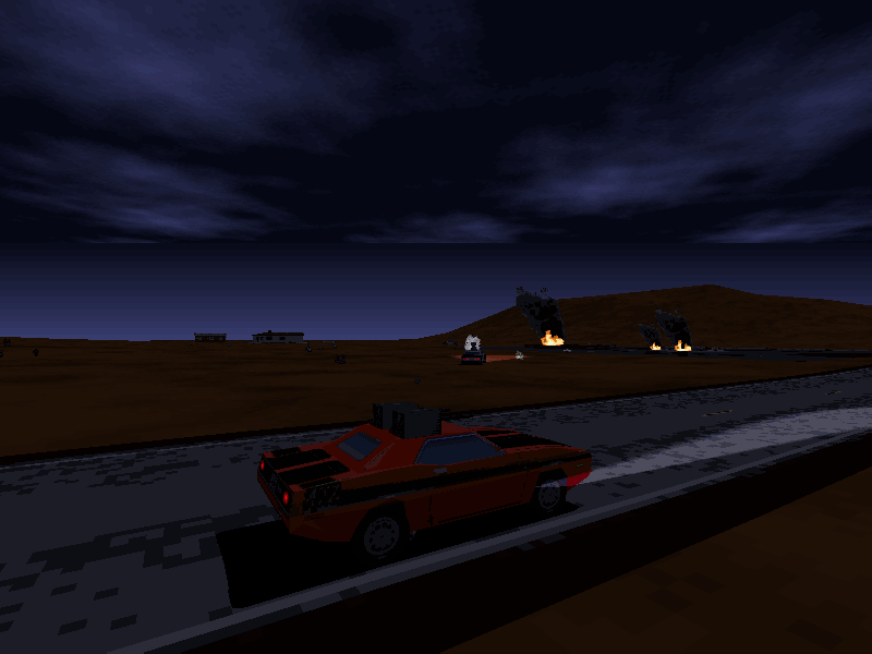 Interstate '76 (Windows) screenshot: In one of the night missions Groove heads to Brownfield to get some gas, but a creeper named Cloaker is trying to blow up all the gas stations. You need to protect the Gas Parade