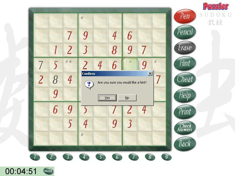 Puzzler Sudoku: Volume 1 (Windows) screenshot: Here the player has requested a hint. All the options Hint, check answers, & cheat first confirm that they have not been selected in error.