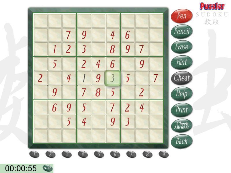 Puzzler Sudoku: Volume 1 (Windows) screenshot: The playeris using the 'Pen' option which means the numbers are being entered into the grid