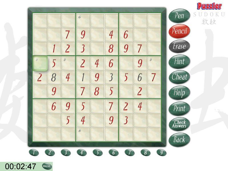 Puzzler Sudoku: Volume 1 (Windows) screenshot: Now the player is using the 'Pencil' mode which enters small numbers where the player thinks they might go