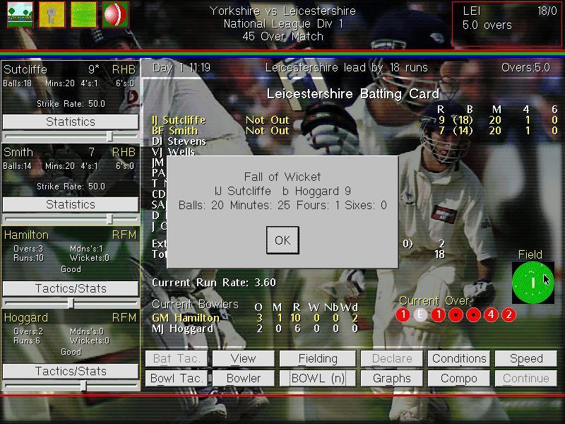 Michael Vaughan's Championship Cricket Manager (Windows) screenshot: The first wicket is taken and quite cheaply too!