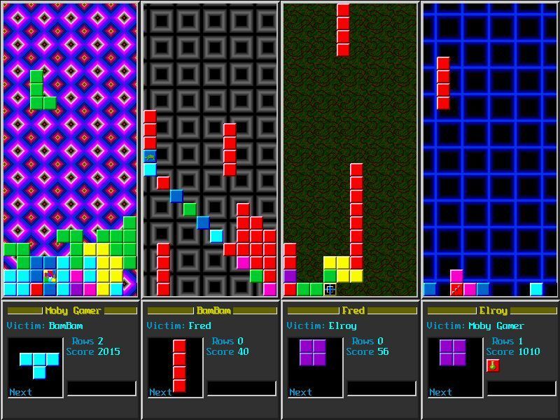 Varmint's Eittris (DOS) screenshot: Special blocks do not stay in the player's pile for long. Compare the human player stack on the left. There's a special block on row two, four bricks in ...