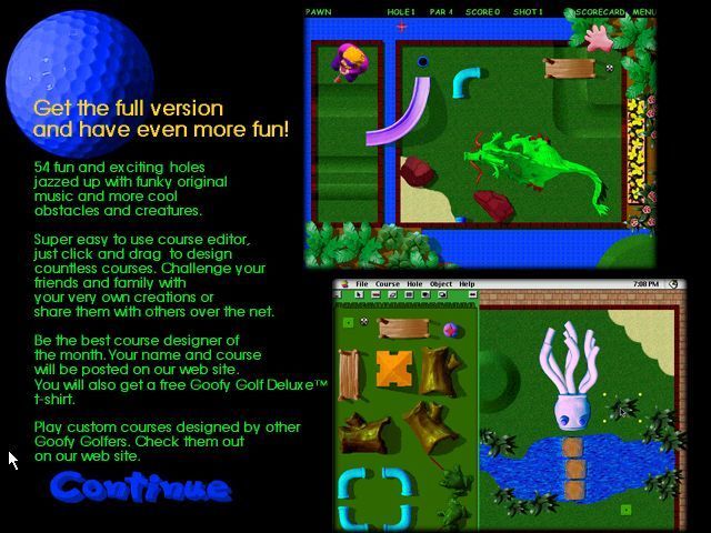 Goofy Golf Deluxe (Windows) screenshot: The shareware game promises fifty four holes in the registered version