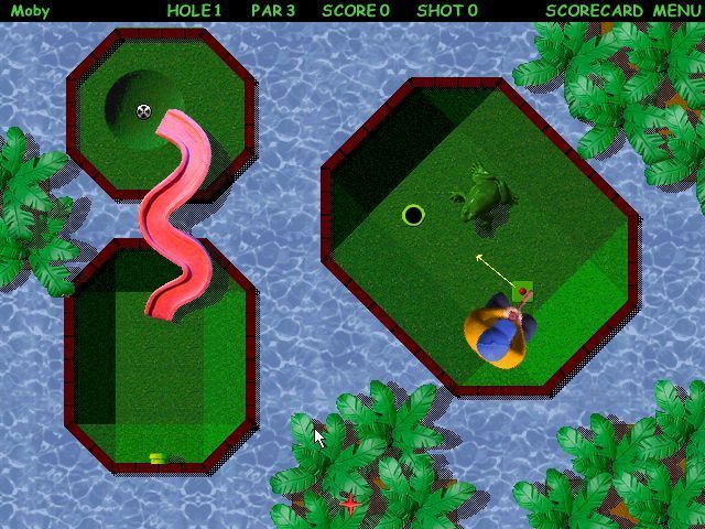 Goofy Golf Deluxe (Windows) screenshot: The start of hole One. The arrow indicates the direction in which the ball will travel.