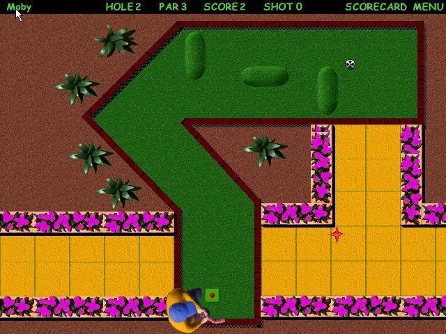 Goofy Golf Deluxe (Windows) screenshot: The start of hole two. The player's score is displayed along the top of the screen.