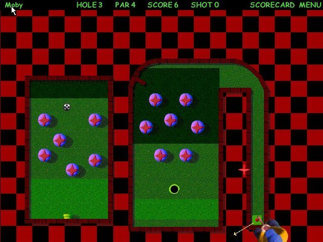 Goofy Golf Deluxe (Windows) screenshot: Hole three has pinball like obstacles that bounce the ball around the course