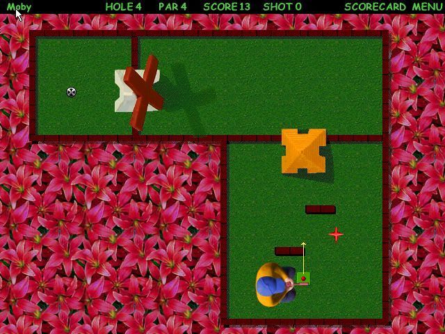 Goofy Golf Deluxe (Windows) screenshot: Hole four features moving blocks that prevent the player making an easy shot through the windmill