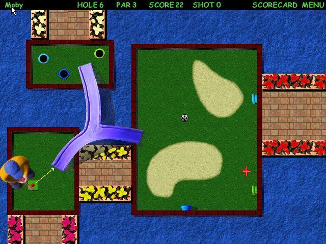 Goofy Golf Deluxe (Windows) screenshot: Hole six gives the player the option of going directly to the hole or travelling there via one of the coloured tunnels