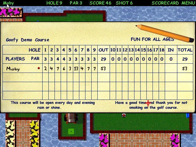 Goofy Golf Deluxe (Windows) screenshot: The scorecard can be accessed at any time. Here it's shown after completion of the first nine, free, holes