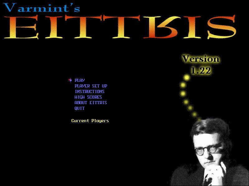 Varmint's Eittris (DOS) screenshot: On loading for the first time the player is presented with a screen that declares the game to be freeware. The game then presents it's main menu.